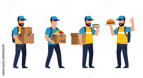 Four delivery men in uniform carrying boxes, food, and a price tag, showcasing various delivery scenarios.