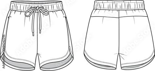 Women’s casual shorts flat CAD drawing, summer fashion, comfortable clothing vector illustration, front and back views, elastic waist design