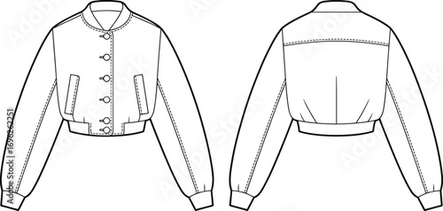 Women’s cropped bomber jacket with button closure, long sleeves, ribbed cuffs, fashion technical flat sketch, casual outerwear vector drawing illustration