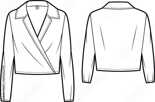 Women’s cropped jacket flat sketch, CAD drawing, fashion vector illustration, technical garment design, wrap front blazer mockup, stylish outerwear