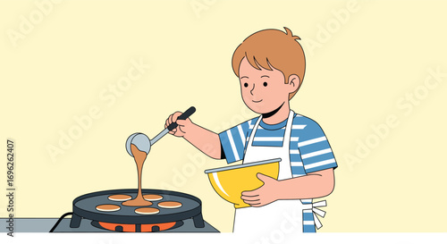 Young boy in an apron cooking delicious pancakes for breakfast.