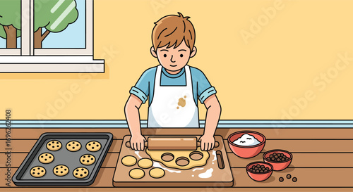 Young boy in an apron carefully rolls out cookie dough for baking.