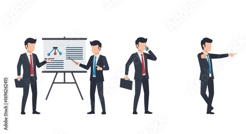 Four business men in suits, one presenting a chart, another on the phone, and another pointing.