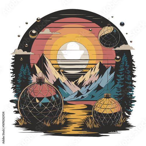 Retro Christmas Landscape with Mountains Sunset and Ornament Decorations