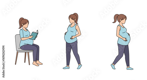 Pregnant woman in three poses: seated reading, standing, and walking.