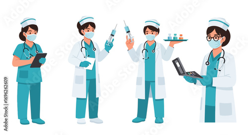 Four healthcare workers in various medical roles, including administering injections, taking notes, and carrying medical supplies.