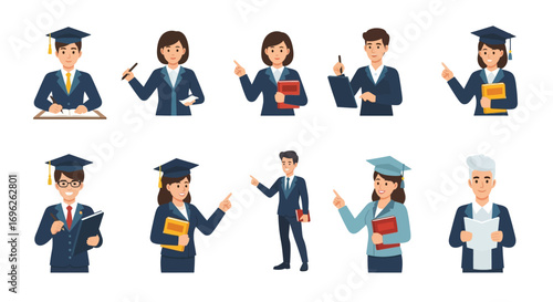 Diverse group of graduates and professionals in various poses, holding books and documents.