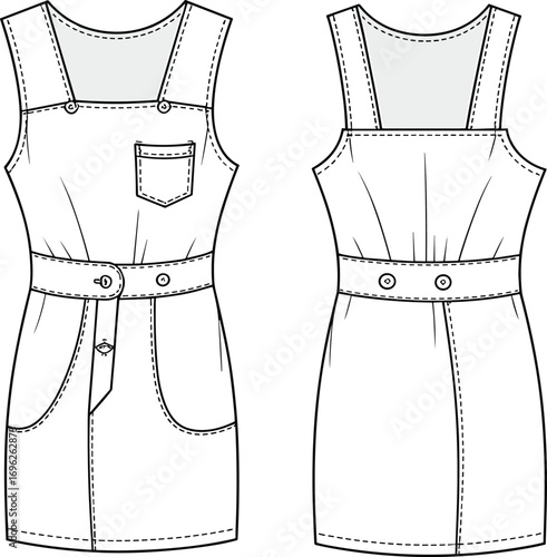 Women’s sleeveless denim dress, front button closure, belted waist, patch pockets, casual fashion flat sketch, technical garment illustration, vector drawing