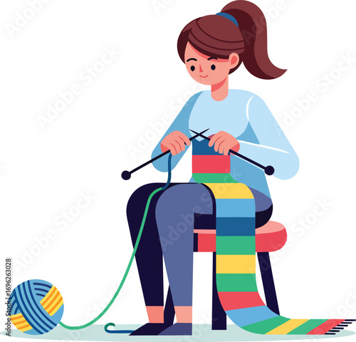 Young woman sitting on a stool knitting a long colorful scarf.