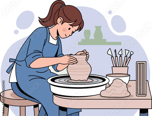Young woman artisan shaping a clay pot on a pottery wheel.