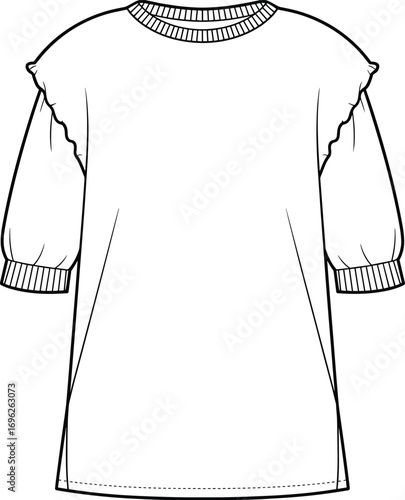 Women's puff sleeve t-shirt, ruffle shoulder detail, loose fit blouse, fashion technical sketch, vector flat drawing, CAD illustration