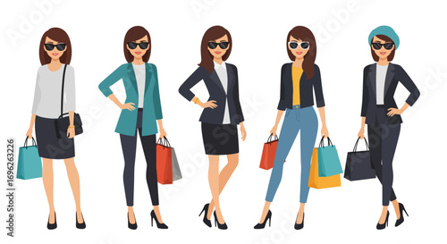 Five stylish women in different outfits, wearing sunglasses and holding shopping bags, standing in a row.