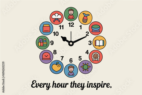 A clock face with illustrations instead of numbers showing different icons in colorful circles