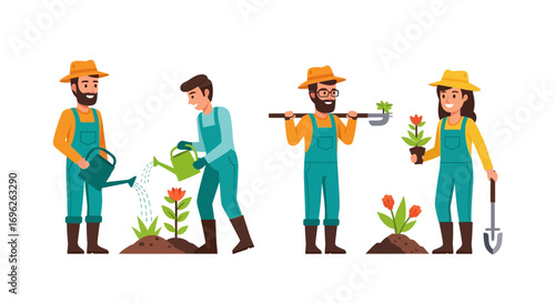 Four gardeners tending to plants, watering, transplanting, and carrying tools.