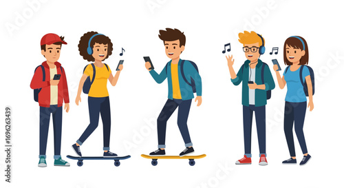 Fourteen-year-old teenagers listening to music on smartphones, skateboarding, and enjoying leisure time.