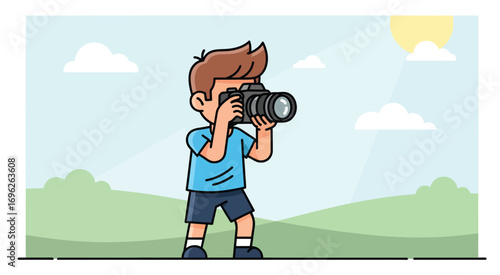 Cartoon boy photographer taking a picture with a professional camera.