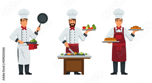 Three chefs in uniform, preparing and serving food, showcasing culinary skills.