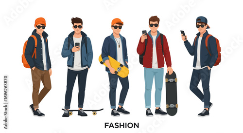 Five young men in trendy casual outfits are depicted standing with skateboards and phones, showcasing fashion styles.