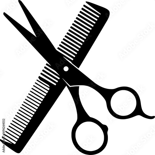 Premium barber scissors icon with comb detail, refined curves, luxury design, isolated on white, professional vector logo.