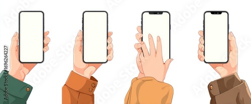 Four phones with blank screens held by cartoon-style hands with jacket sleeves, isolated on a white background