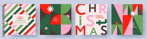 Merry Christmas and Happy New Year Set of backgrounds, greeting cards, posters, holiday covers. Xmas templates with typography and season wishes in modern geometric style for web, social media, print.