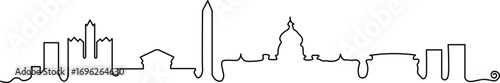 Striking one-line illustration of Washington DC skyline featuring iconic monuments, perfect for minimalist design projects or adding a touch of sophistication to your creative visuals