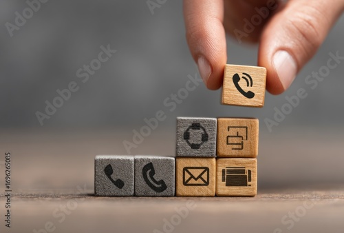 Hand places block showing phone symbol atop stack of wood blocks, featuring various contact & service icons, on a textured background