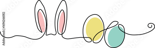 Adorable bunny ears and pastel Easter eggs in a minimalist line art style perfect for spring celebrations, greeting cards, and festive modern designs that bring joy and whimsy