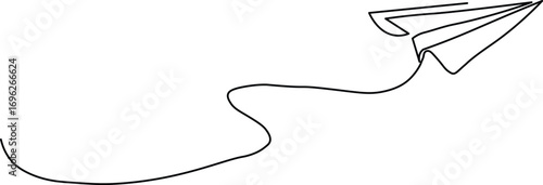 Minimalist monochrome line art of a paper airplane in flight with a whimsical trail, symbolizing dreams, innovation, and the joy of simple creativity for branding and design projects