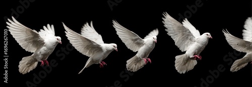 Multiple white doves soar in a series against a stark black backdrop, wings spread, capturing flight