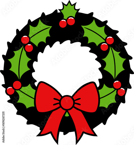 Christmas wreath with red bow, holly, and bells silhouette  vector black , white background 
