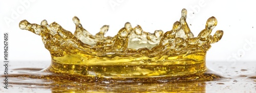 Golden liquid splashes upwards, creating a crown-like shape on a reflective surface against a white backdrop