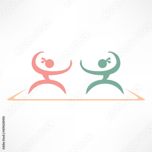 Engaging figures illustrating dynamic movement in a playful sparring activity on a minimalistic background
