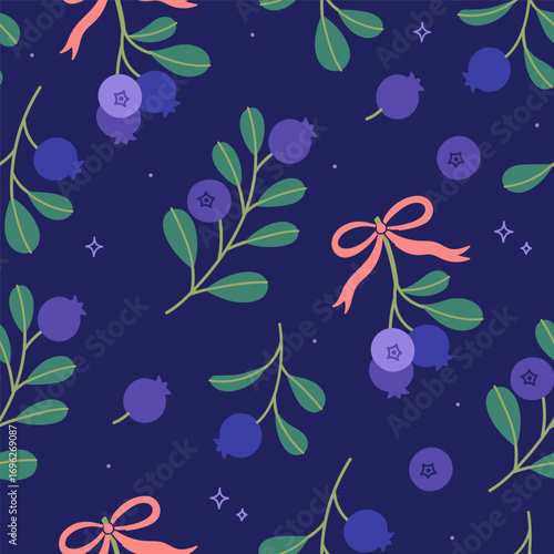 Seamless pattern with blueberries and bows. Vector graphics