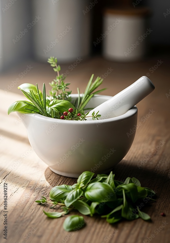 Fototapeta premium Natural herbal remedies preparation with fresh herbs and mortar bowl