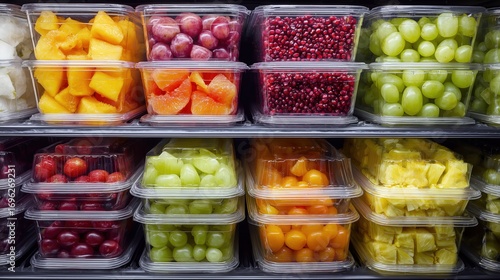 Fresh cut fruits packed in plastic containers on supermarket shelf healthy food option