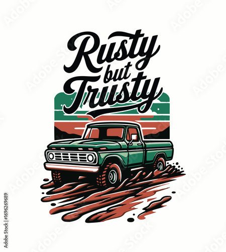 Green pickup truck driving through mud vintage truck