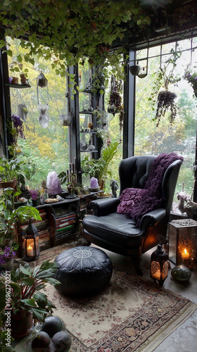Moody witchy atmosphere with vintage gothic furniture with velvet, dried herbs and botanicals hanging.