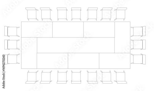 A black and white contour drawing of a meeting room table with four uniquely designed sections, surrounded by orderly arranged chairs in a square formation. Top view