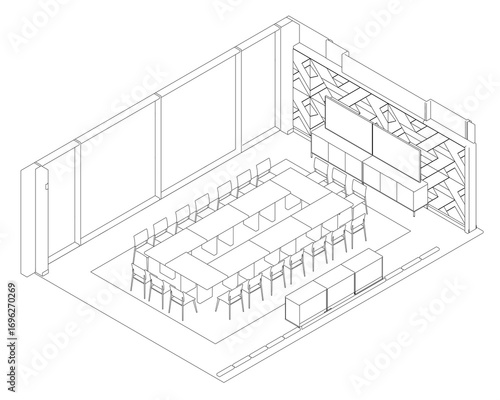 Conference room line drawing with long table, chairs, and partition wall for meetings. Isometric view
