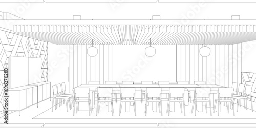 Restaurant interior design with tables and chairs, a wall, and hanging lights in a clean contour drawing ideal for meeting room planning.