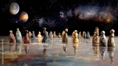 Pawns stand on reflective surface, mirroring galaxy sky and celestial bodies, under a starlit sky and two planets