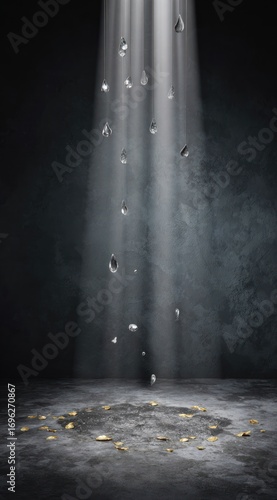 Wallpaper Mural Water droplets suspended in light, forming a circle of coins on the floor against a moody, dark background Torontodigital.ca