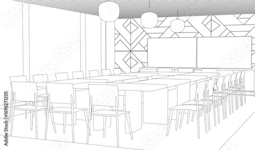 Conference room contour drawing with tables, chairs, and hanging lights against a plain wall.