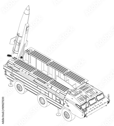 Military truck with missile launcher in black and white contour drawing against a clean white background. Isometric view