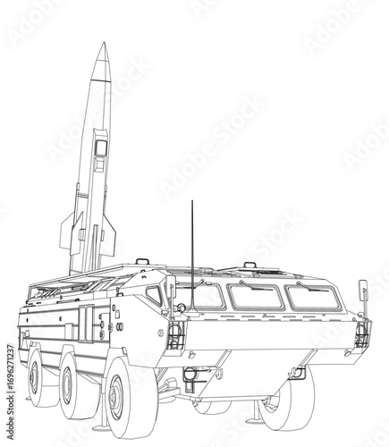 Armored military vehicle with a rocket launcher on top, drawn in clean contour lines against a bright white background.