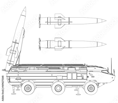 Military vehicle with missile launcher on truck chassis, detailed black and white contour drawing against clean white background.