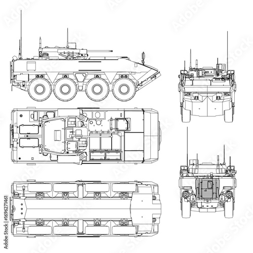 Detailed blueprint of an Battle Tank featuring armored personnel carrier contour, military specifications, and technical design elements.