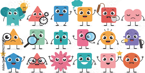 Cartoon shapes with faces displaying various emotions and objects