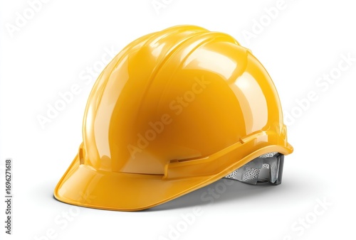 Shiny yellow hard hat on a white background, safety equipment, used for protection